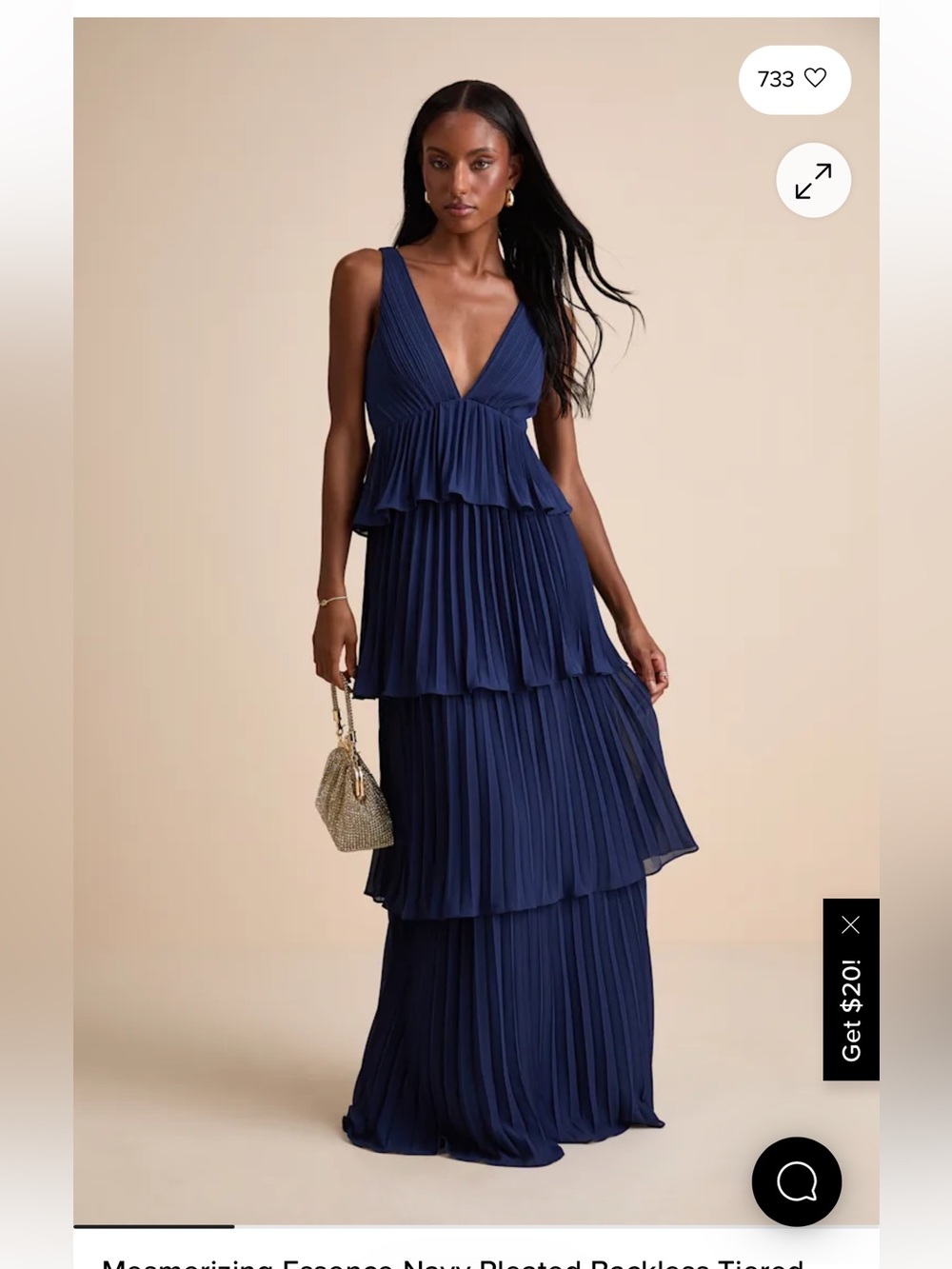 NWT LULUS Mesmerizing Essence Navy Pleated Backless Tiered Maxi Dress
